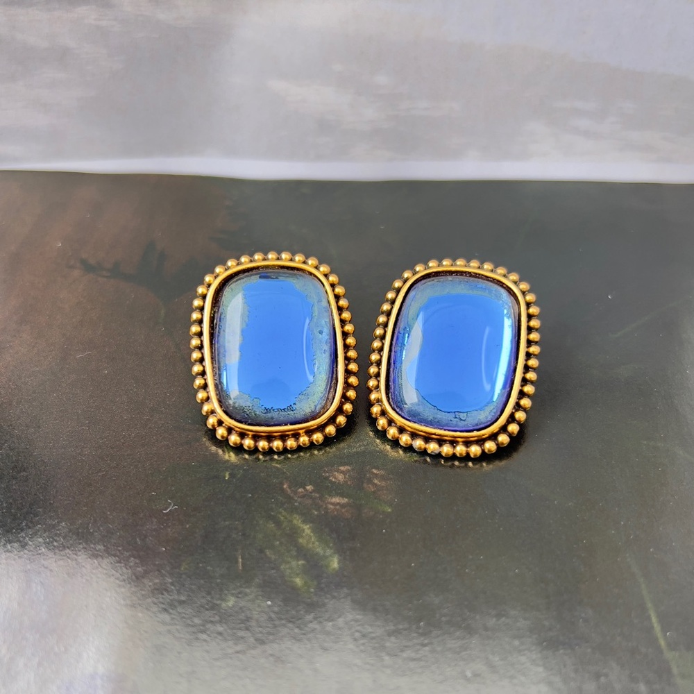 SOLD! Auth YSL Earrings • Authentic Yves Saint Laurent Blue Cabochon Clip Ons - Picture 7 of 9
